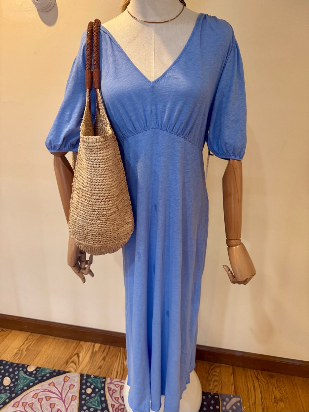 Velvet Light Blue V-Neck Maxi Dress with Puff Sleeves